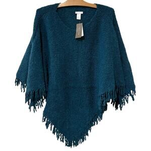 J. Jill | Poncho Blue Fringe Italy Winter Comfy Chic NWT- Small Medium Large